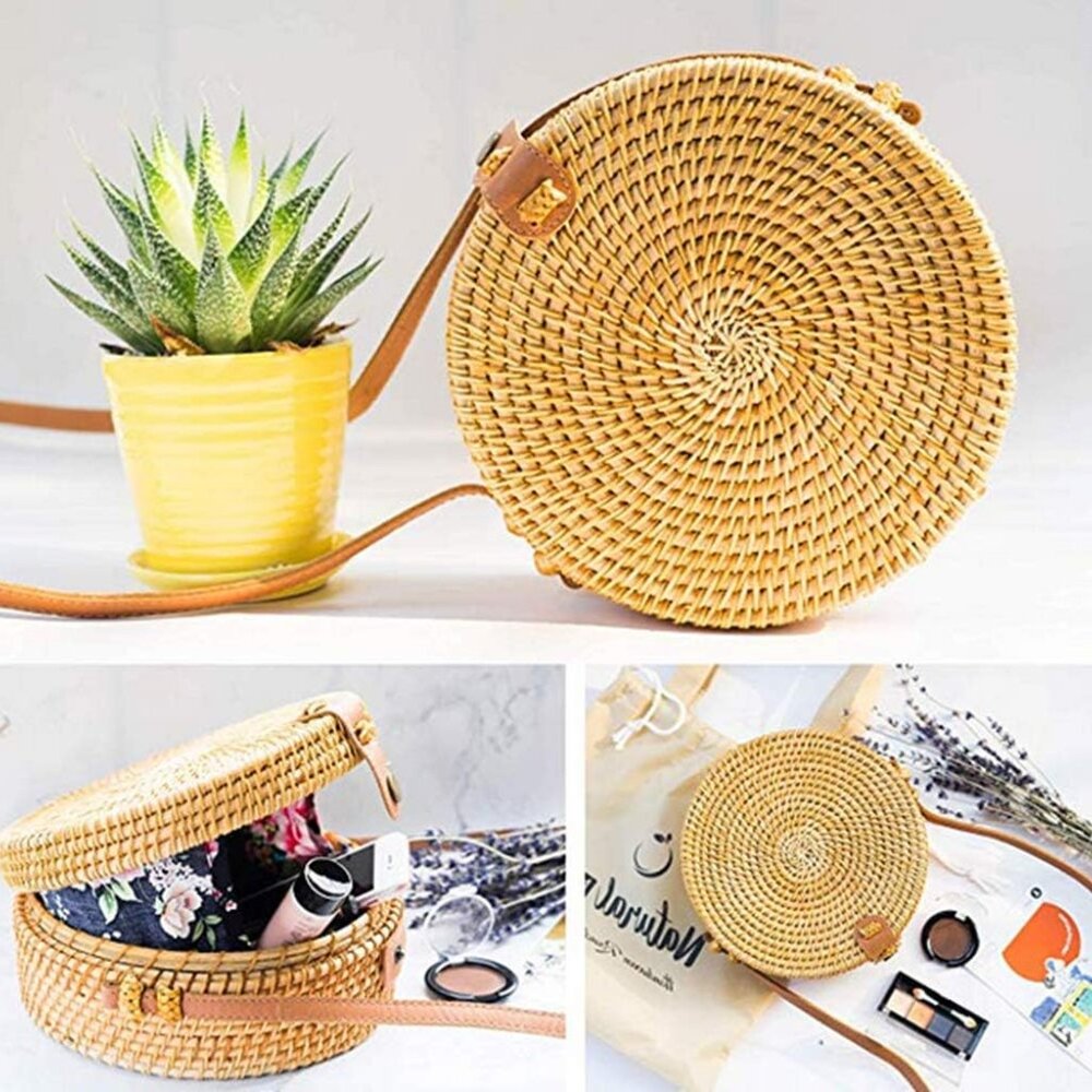 Handwoven Round Rattan Straw Bag for Women Shoulder Leather Button Straps Natura - Picture 3 of 9